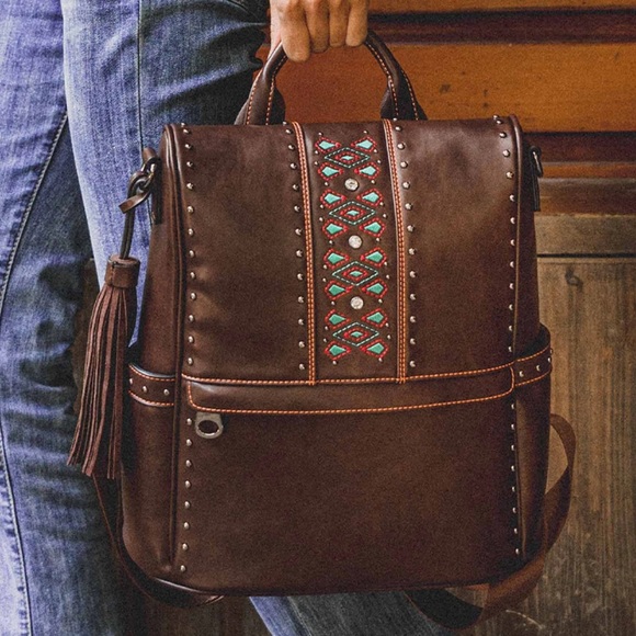 Lavawa Embroidered Fringe Rhinestone Studs Convertible Backpack Shoulder Bag - Picture 2 of 4